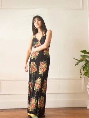 1990s Betsey Johnson Black Label Floral Print Bias Cut Slip Dress